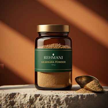 Rehmani Akarkara Powder 100 g in a premium amber glass jar