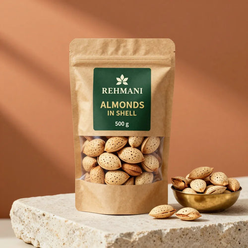 Rehmani Almonds in Shell – 500 g kraft pouch with whole in-shell almonds