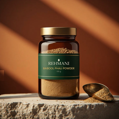 Rehmani Babool Phali Powder 100 g in a premium amber glass jar