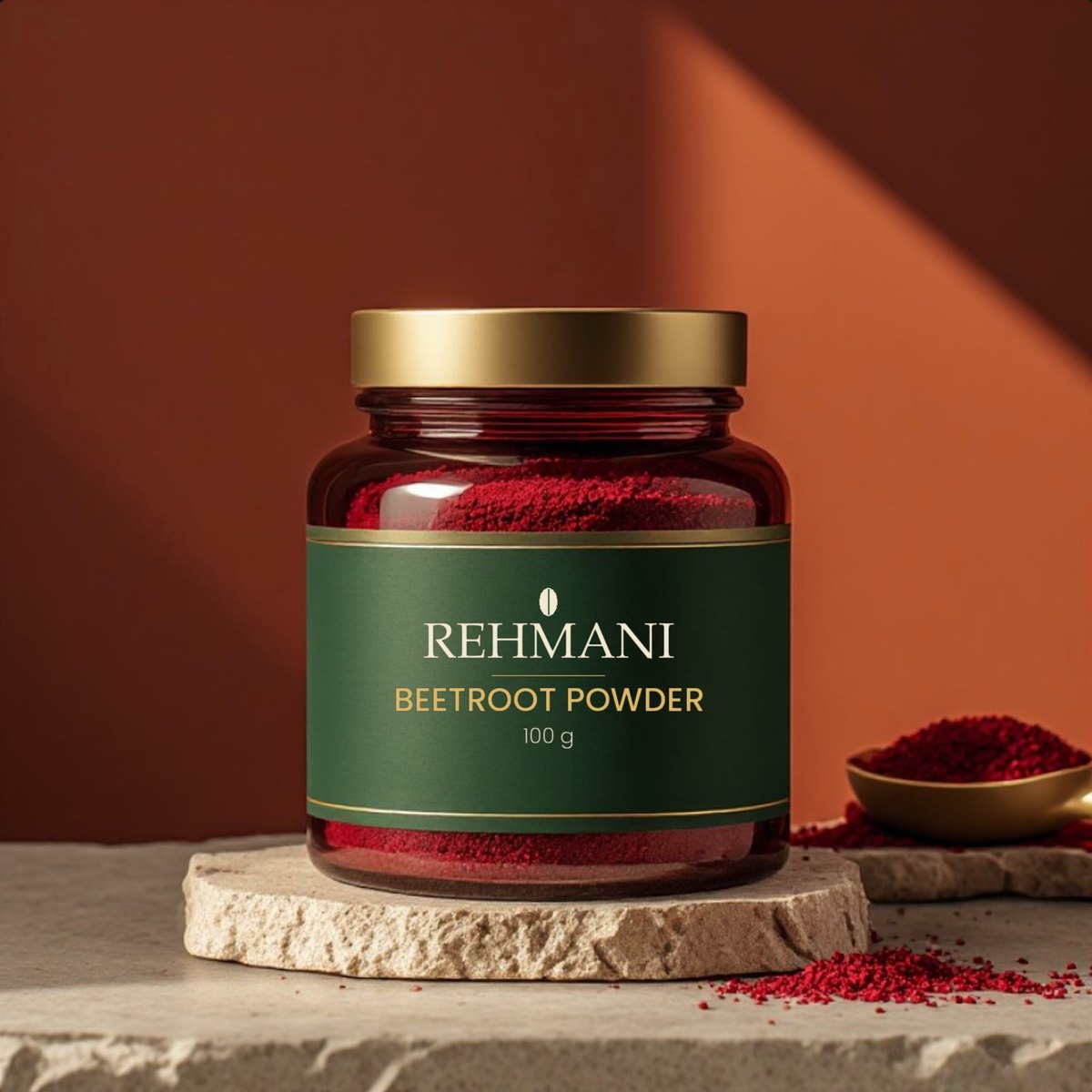 Rehmani Beetroot Powder 100 g in a premium amber glass jar