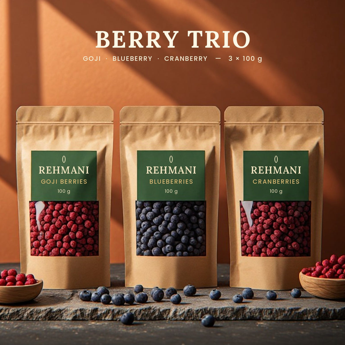 Rehmani Berry Trio: goji berries, blueberries and cranberries, 3 × 100 g kraft pouches