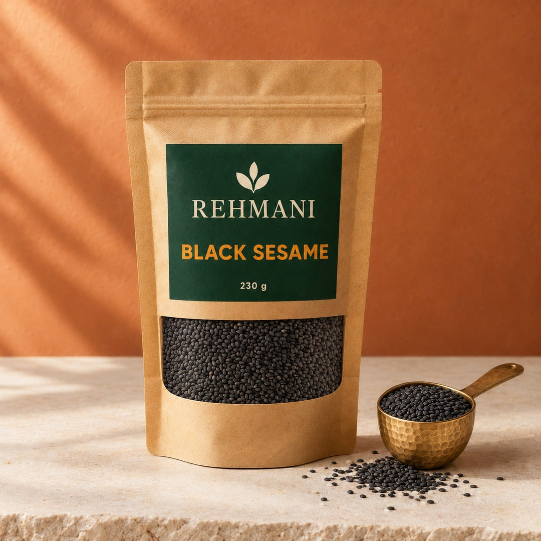 Rehmani Black Sesame Seeds (Kalay til) 230 g kraft pouch with brass scoop