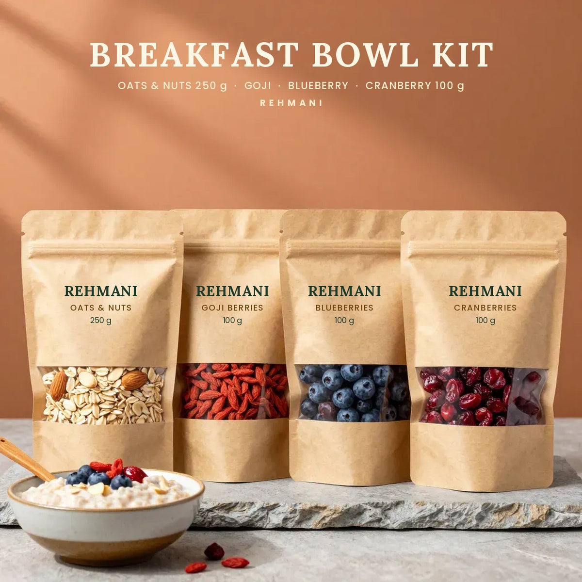 Rehmani Breakfast Bowl Kit: oats & nuts, goji berries, blueberries and cranberries pouches with a bowl of oatmeal