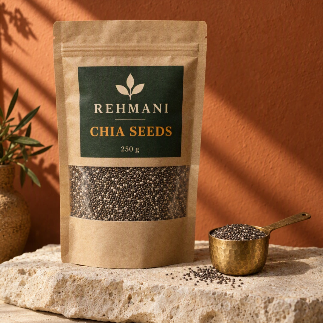 Rehmani Chia Seeds 250 g kraft pouch with brass scoop