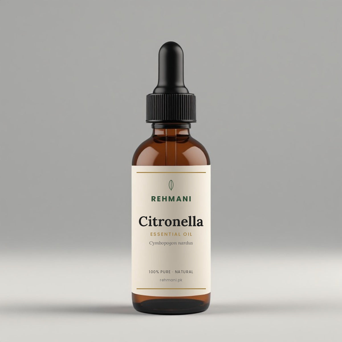Rehmani Citronella Essential Oil in an amber glass dropper bottle