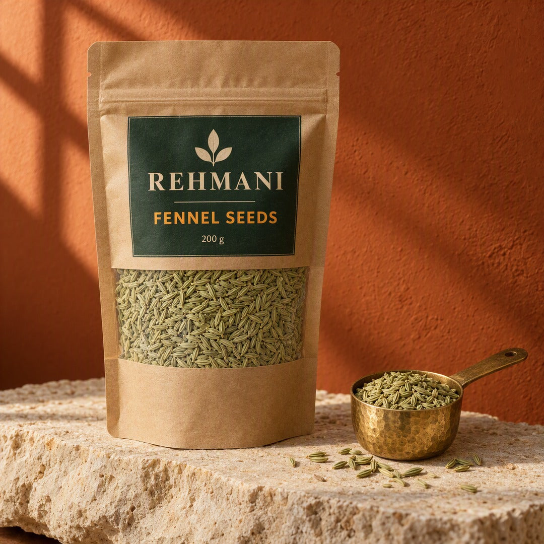 Rehmani Fennel Seeds (Saunf) 200 g kraft pouch with brass scoop