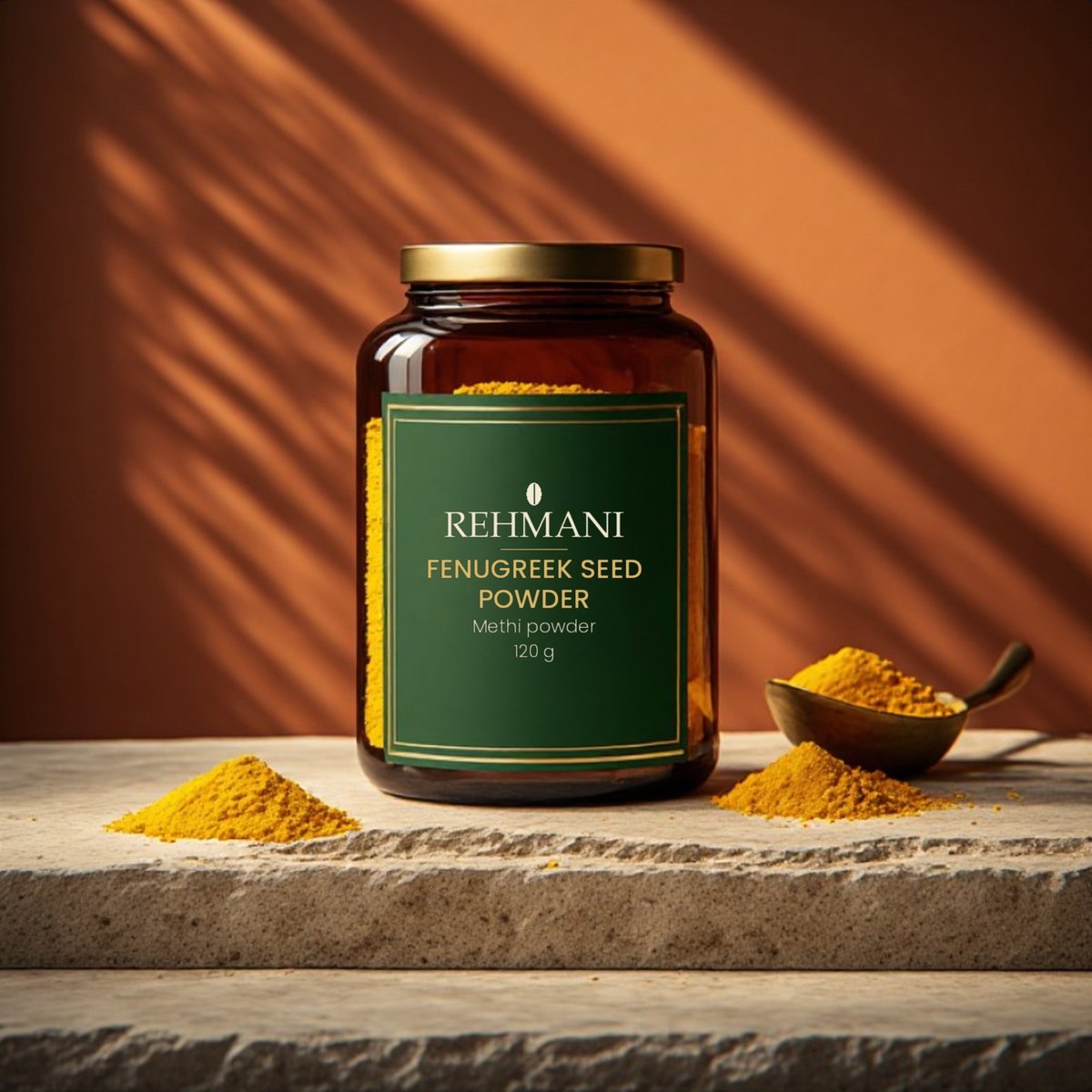 Rehmani Fenugreek Seed Powder (Methi powder) 120 g in a premium amber glass jar