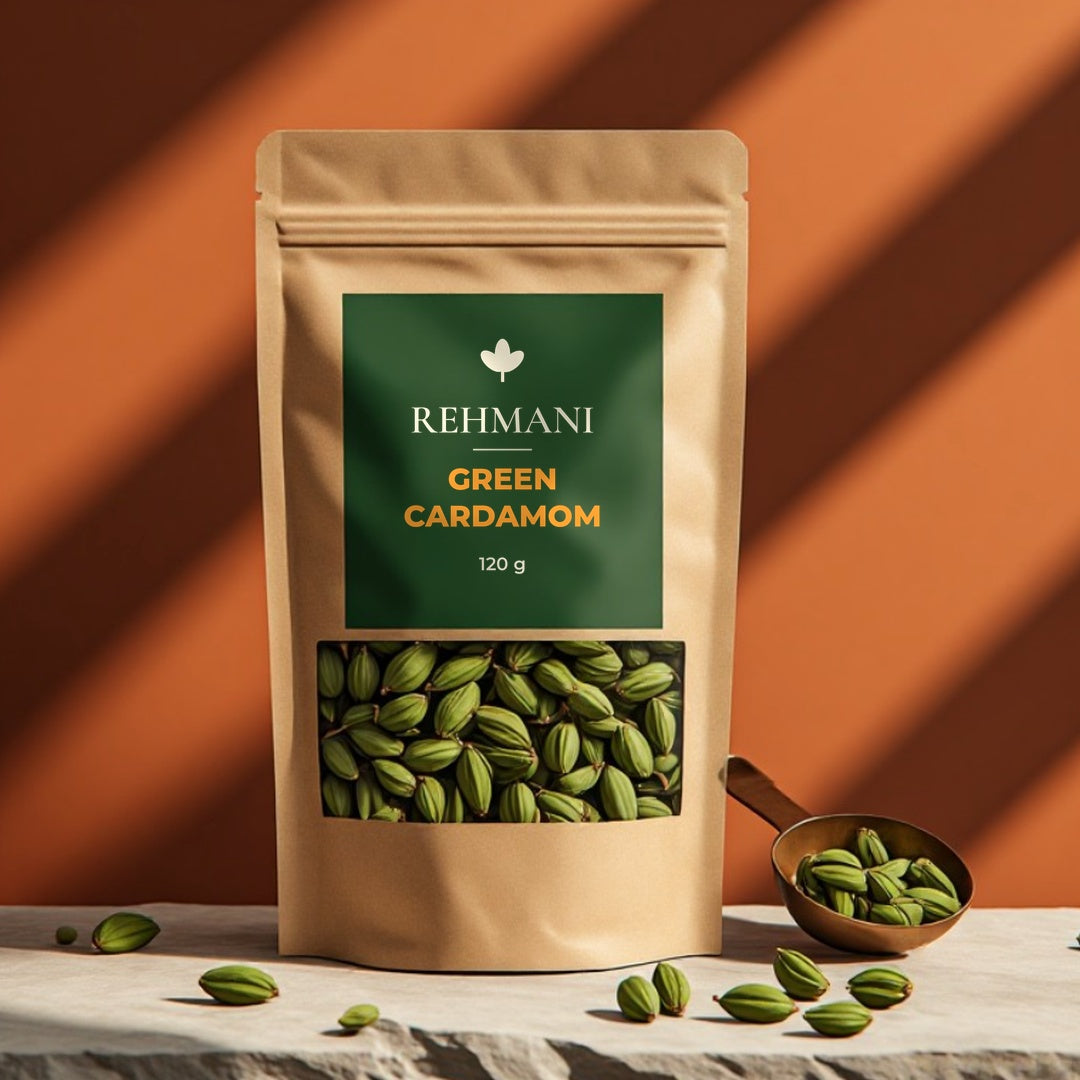 Rehmani Green Cardamom (Elaichi) 120 g kraft pouch with brass scoop