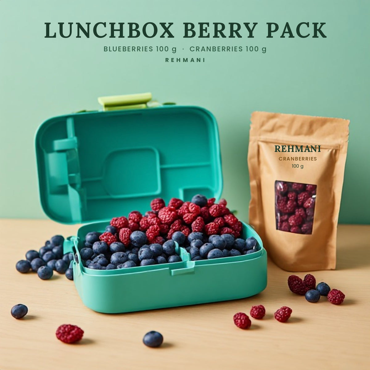 Rehmani Lunchbox Berry Pack: dried blueberries and cranberries in a kids' lunchbox