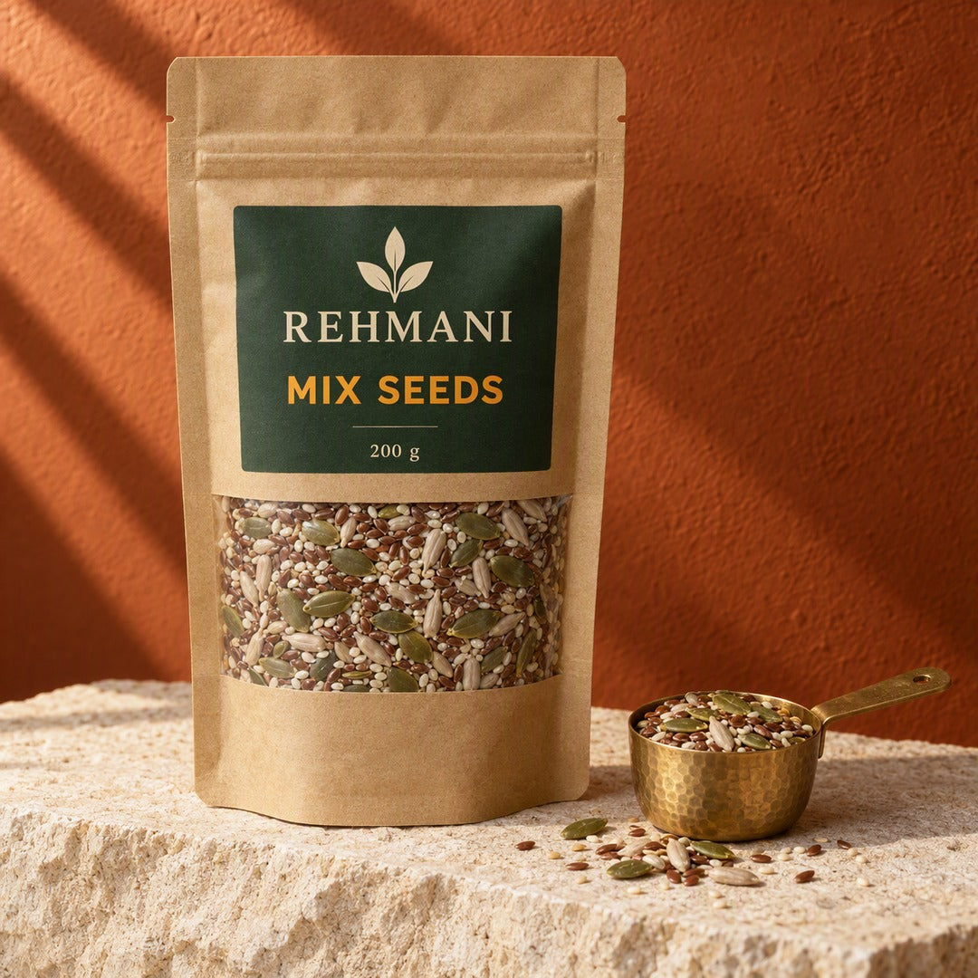 Rehmani Mix Seeds (pumpkin, flax, sesame, sunflower) 200 g kraft pouch with brass scoop