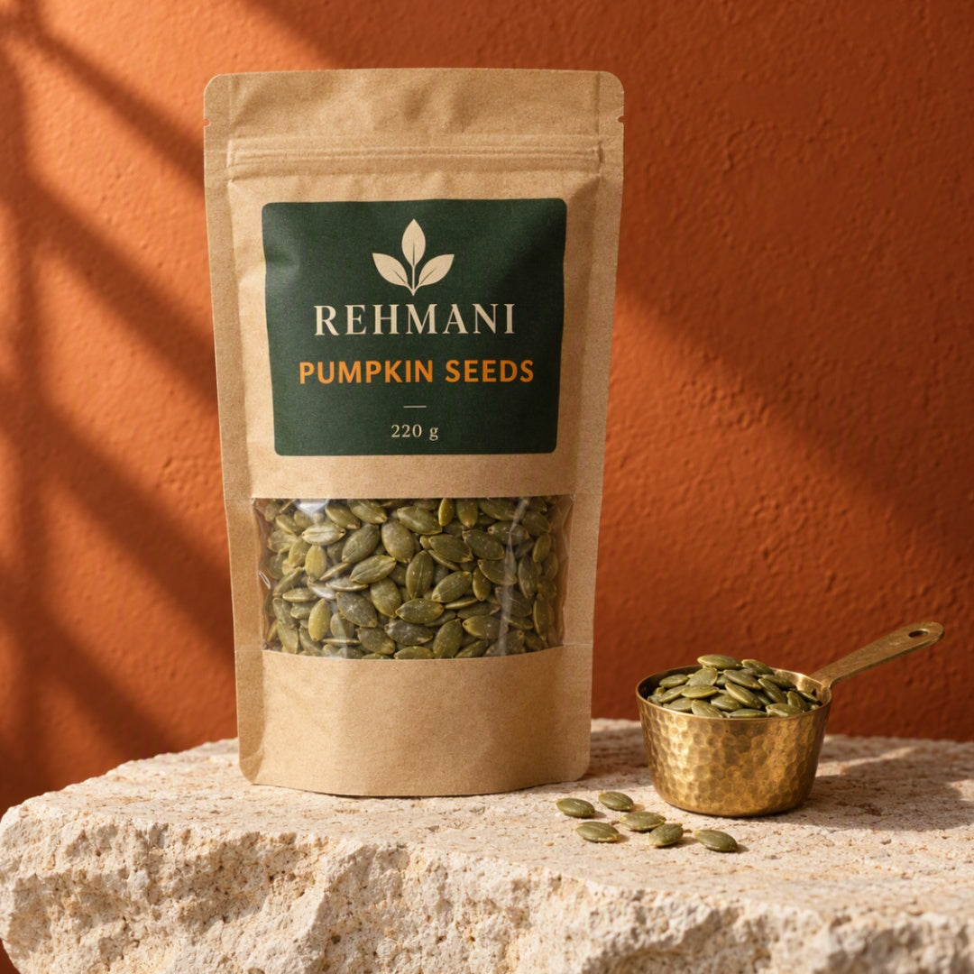 Rehmani Pumpkin Seeds (Kaddu ke beej) 220 g kraft pouch with brass scoop