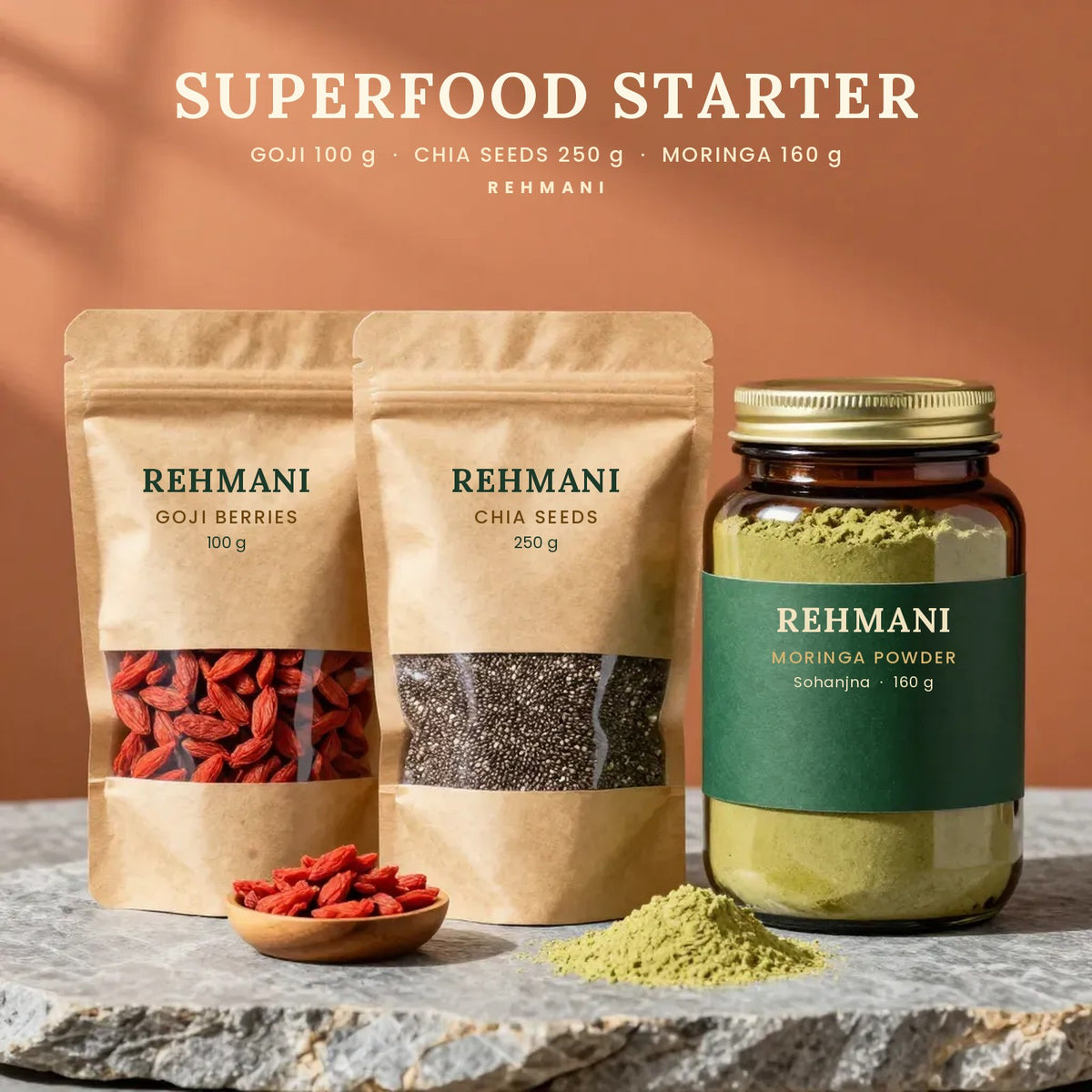 Rehmani Superfood Starter: goji berries, chia seeds and moringa powder jar